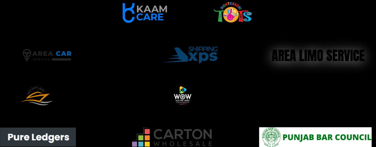 Logos of clients we work with, including Kaam Care, Montessori Tots, Area Car Service, Shipping XPS, Area Limo Service, and more
