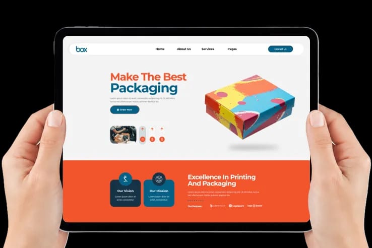 Box Packaging tablet storefront held in hands