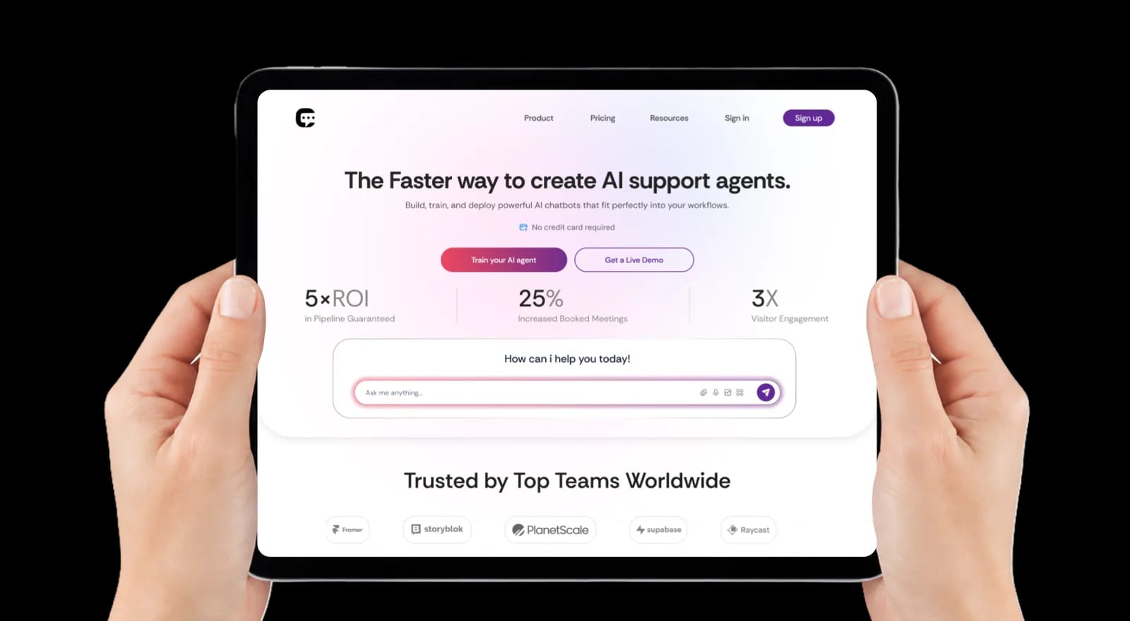 Chatbot AI tablet dashboard held in hands