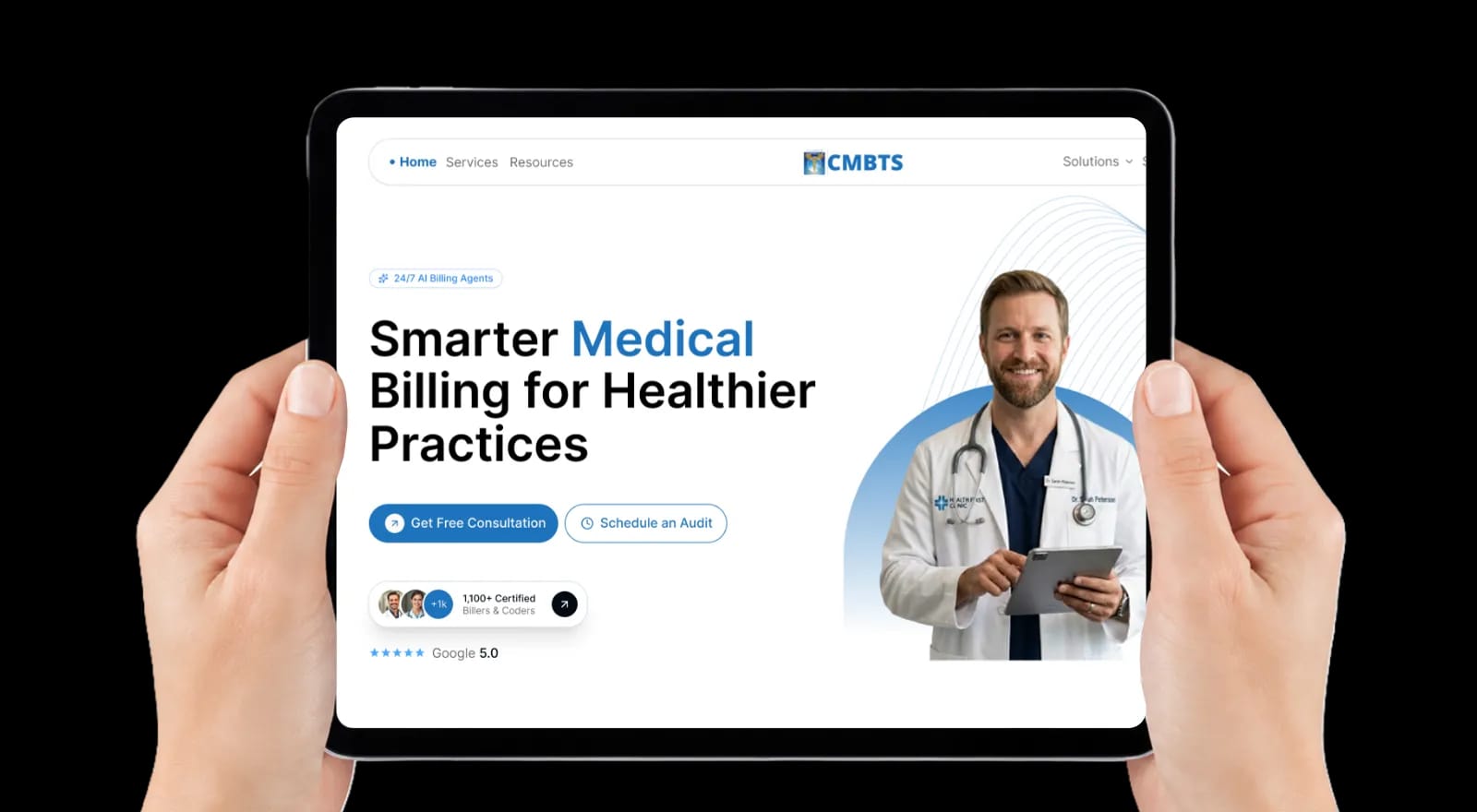 CMBTS tablet business platform held in hands