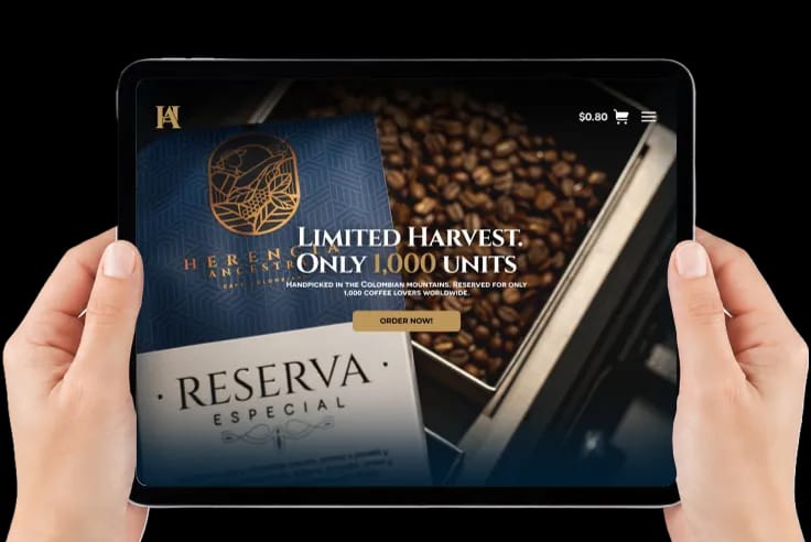 Herencia Coffee tablet storefront held in hands
