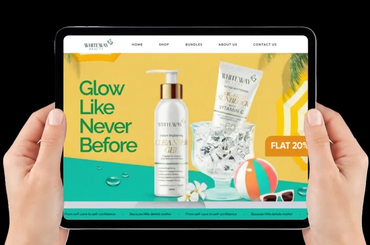 Whiteway Beauty tablet storefront held in hands